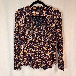 Lucky Brand Floral Peasant Blouse Smocked V Neck Boho Long Sleeve S